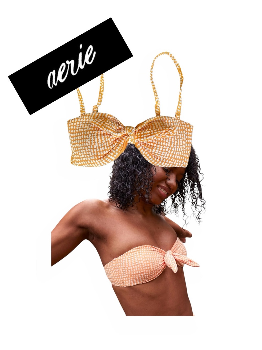 aerie Bandeau Bikini Top Swimwear Orange White Polka-Dots Padded Sz XS NEW NWT